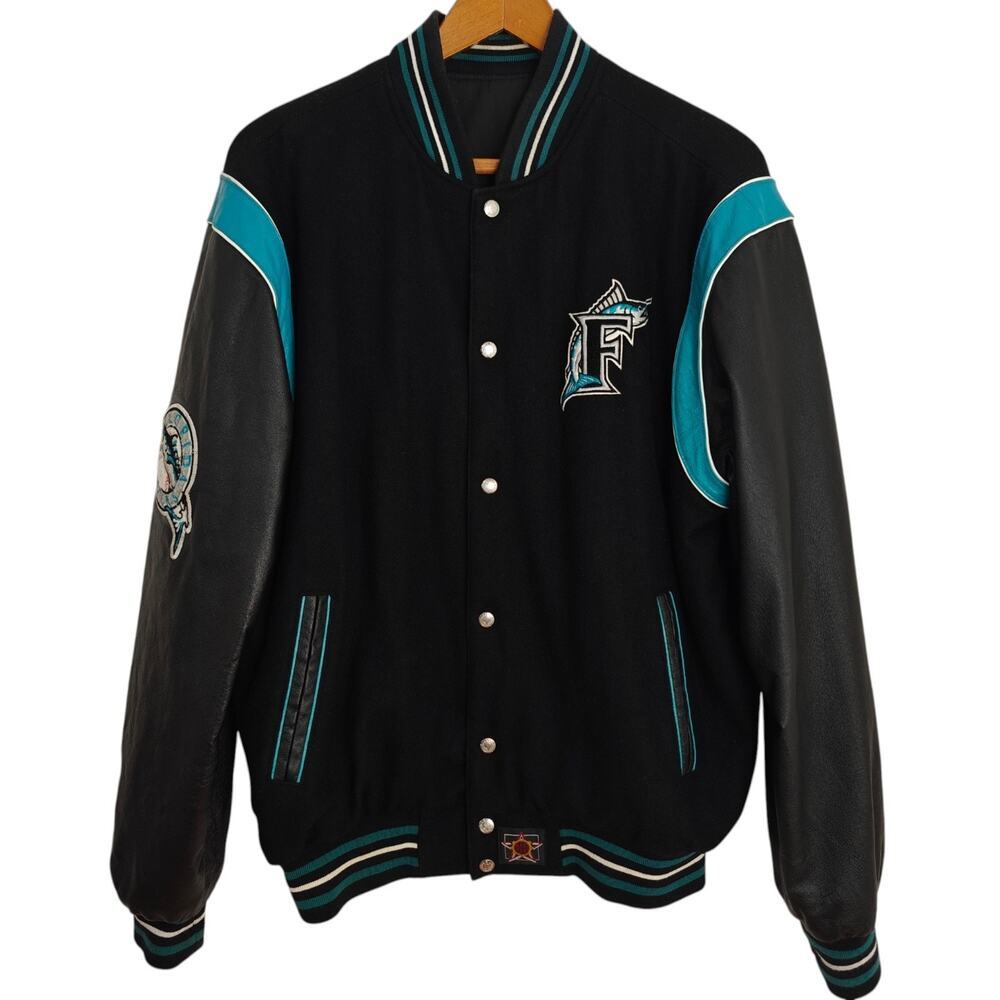 Florida Marlins MLB Baseball Leather Reversible Jacket Miami Mens Size Large VTG